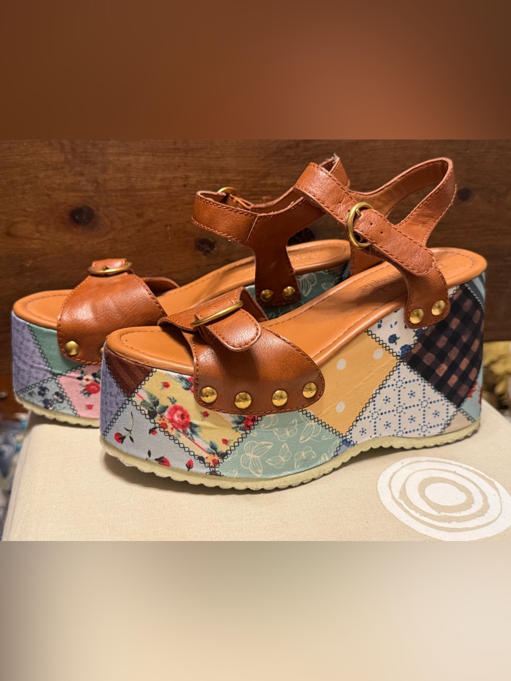 DOLLS KILL x Holly Hobby - Brown Leather Platform Sandals with Patchwork Wedge